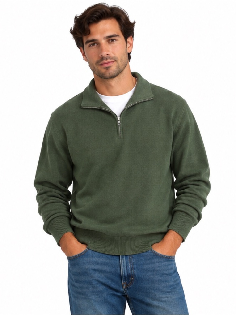 Reiss Wool Blend Quarter Zip Sweater Olive Green L Mock Neck Ribbed Knit